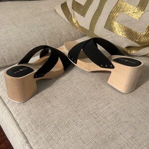 Black Leather Sandals with Wooden Heel